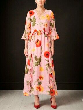 Gibson & Latimer Women's XL Pink Poppy Floral Print Maxi Dress Ruffle Flutter...